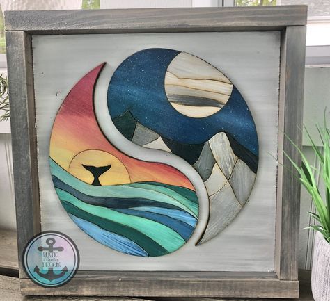 Sunset Wood Art, Ocean Wood Art, Sun Wood Art, Wooden Painting Ideas Wall Art, Moon Yin Yang, Wood Whale, Mountain Wood Art, Wood Art Diy, Nature Peace