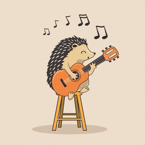 Guitar Cute Drawing, Cute Guitar Drawing, Cute Music Drawings, Guitar Cartoon Drawing, Cartoon Porcupine, Music Cartoon Art, Animal Playing Guitar, Porcupine Drawing, Guitar Cartoon