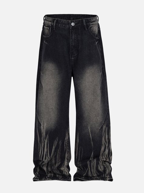 TALISHKO - Washed Stained Wide-Leg Jeans - streetwear fashion - talishko.com Man Pants Fashion, Black Jeans Design, Archive Clothing, Jackets Y2k, Clothing Branding Design, Jeans Drawing, Denim Washes, Drip Fits, Vintage Wash Jeans