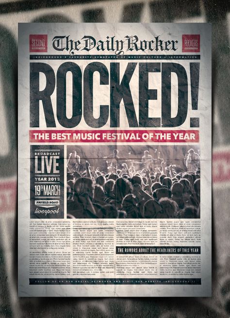 Grunge Newspaper Poster Template Vol. 2 by ~IndieGround on deviantART News Poster, Infographics Ideas, Newspaper Design Layout, Design Newspaper, Pubmat Ideas, Rock Magazine, Newsletter Layout, Newspaper Layout, Concert Poster Design