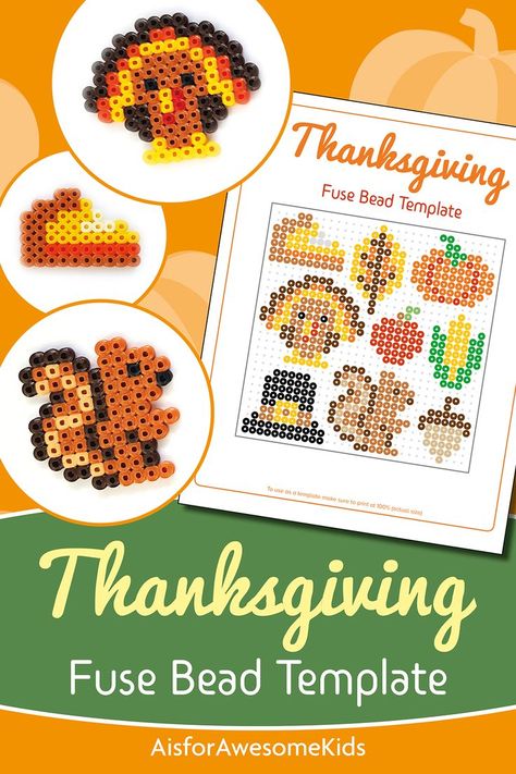 Thanksgiving Fuse Bead template craft pattern. Featuring a Turkey, Fall Leaf, Pilgrim Hat, Sweetcorn, Pumpkin, Apple, Squirrel and an Acorn. Printable PDF template a Thanksgiving themed designs to make out of fuse beads (Hama/Perler/Nabbi beads). Sized perfectly to fit under a square peg board so that the design can be made by working on top of the template. Perfect for a Thanksgiving craft activity or to make into decorations, keyrings or fridge magets and give as a gift. Acorn Printable, Template Craft, Pilgrim Hat, Beaded Banners, Thanksgiving Craft, Fuse Bead Patterns, Turkey Craft, Pumpkin Apple, Fuse Beads