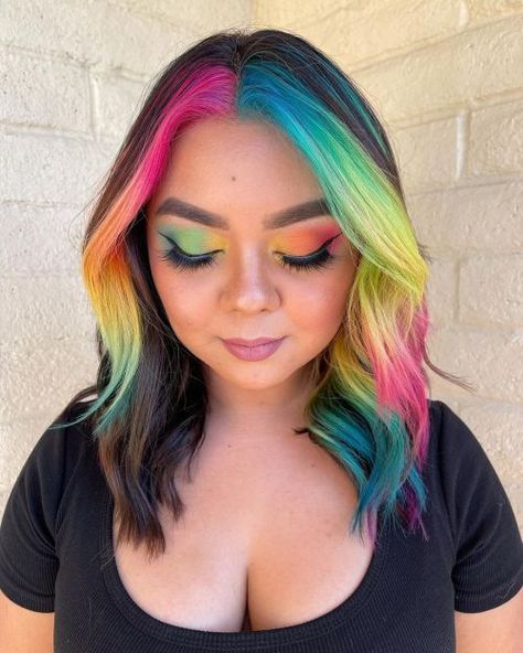 20 Impressive E-Girl Hairstyles Trending in 2022 – The Right Hairstyles Rainbow Hair Streaks, Rainbow Streaks In Hair, Rainbow Underlights, Rainbow Bangs, E Girl Hairstyles, Rainbow Hair Ideas, Lesbian Haircut, Pride Hair, Pick Hair