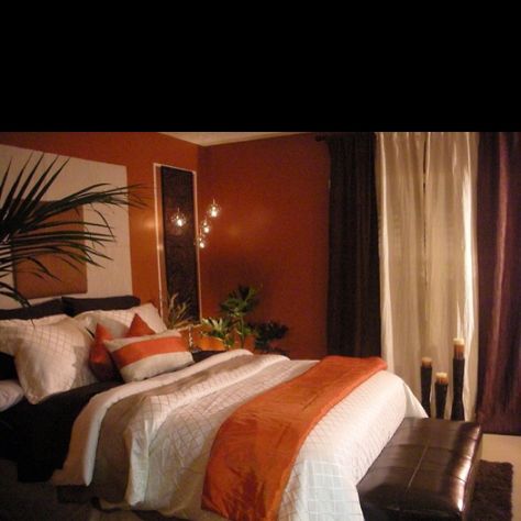 Love burnt orange Orange Bedroom Walls, Burnt Orange Bedroom, Orange Rooms, Apartment Decorating Living, Orange Bedroom, Bedroom Orange, Apartment Bedroom Decor, Bedroom Wall Colors, Brown Bedroom