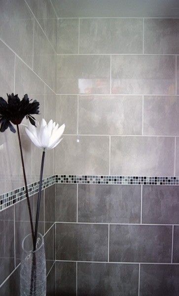 good two tone for shower remodel. Perhaps diamond shape one of the two tones? Bathroom Wall Tiles, Mosaic Bathroom Tile, Grey Wall Tiles, Building Inspiration, Bathroom Master, Master Bathrooms, Ceramic Bathroom, Master Shower, Light Grey Walls