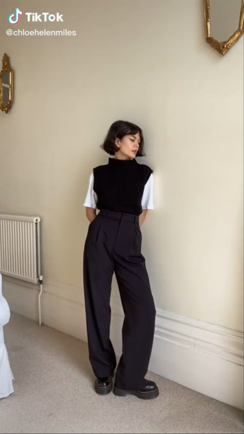 Contemporary Work Outfit, Ankle Black Pants Outfit, Elegant Masc Outfits For Women, Short Sleeved Turtleneck Outfit, Baggy Pants Office Outfit, Business Casual Slacks Outfit, Corporate Look Women Office Wear, Baggy Pants Work Outfit, Gender Neutral Fancy Outfit