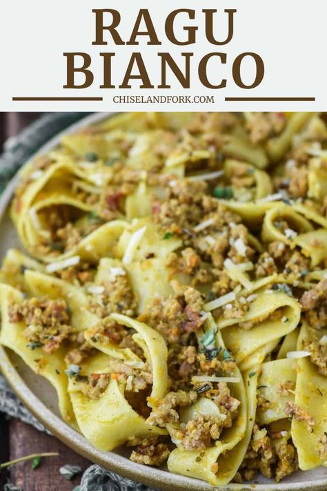 While pasta bolognese is more famous, this ragu bianco is the white sauce version and just as flavorful and comforting. #ragubianco #whitebolognese #pasta | chiselandfork.com Pasta With Meat, Pasta Board, London Painting, Pasta Bolognese, Mince Recipes, Pasta Night, Perfect Pasta, White Sauce, Italian Pasta