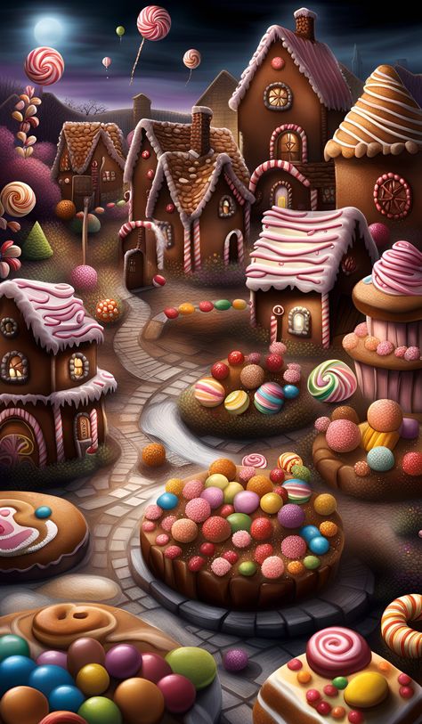 Candyland Painting, Candy Land Painting, Candyland Artwork, Land Painting, Chocolate House, Build Inspiration, Beautiful Ocean Pictures, Candy Art, Christmas Phone Wallpaper