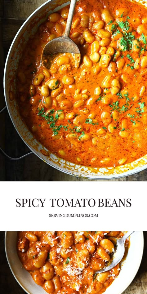 Creamy Spicy Tomato Beans And Greens, Spicy Side Dishes, Spicy Beans Recipe, Southern Beans, Spicy Bean Soup, Serving Dumplings, Spicy Beans, Bean Dishes, Canned Butter