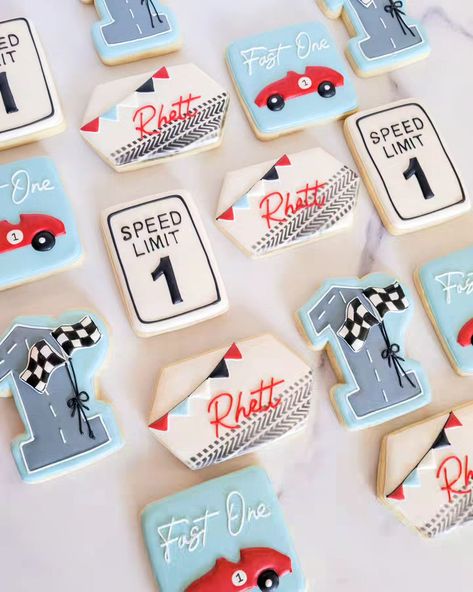 Those first birthdays come fast! #bantoboxbakes #sugarcookies #decoratedcookies #customcookies #lasvegascookies #lasvegasbaker #birthdaycookies #1stbirthdaycookies #fastonecookies Fast One Cookies Birthday, 2 Fast Birthday Party Cookies, Fast One Cookies, Disney Car Cookies, Race Car Theme Birthday Cookies, Need Four Speed Cookies, 2 Fast Cookies, Two Fast Cookies, Two Fast Sugar Cookies