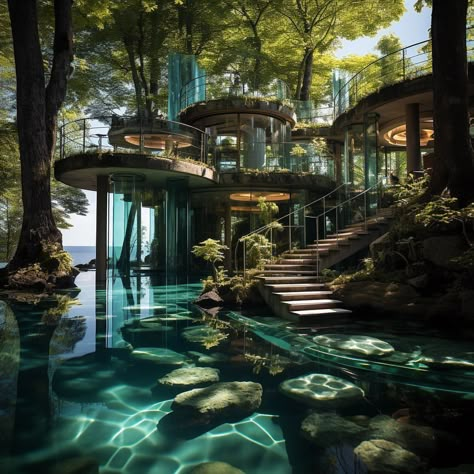 Water House Aesthetic, Cool House Stuff, Architecture On Water, Forest House Aesthetic, House Inspo Modern, Maximalism Aesthetic, Oasis Aesthetic, House On Water, Cozy Maximalism