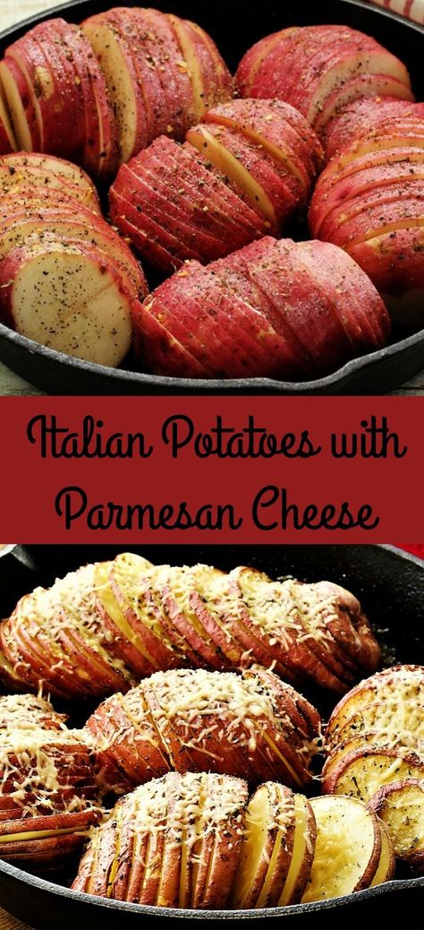 Italian potatoes with Parmesan cheese is a wonderful side dish. These potatoes go so well with a meat dish, or add some chili and you can make it a meal.   Fall is in the air and that means I get to try all kinds of potato recipes. I like Russet and Red potatoes for mashing, and Russet and Red for baking in the oven. Yukon Gold are my favorite in soups and pot pie!  I love the look of the red potatoes in this Italian potatoes with Parmesan cheese recipe. The red gives the dish a bit of color. Potatoes With Parmesan Cheese, Russet Potato Recipes, Recipes With Parmesan Cheese, Red Potato Recipes, Italian Potatoes, Perfect Baked Potato, Meat Dish, Scalloped Potato Recipes, Baked Potato Recipes