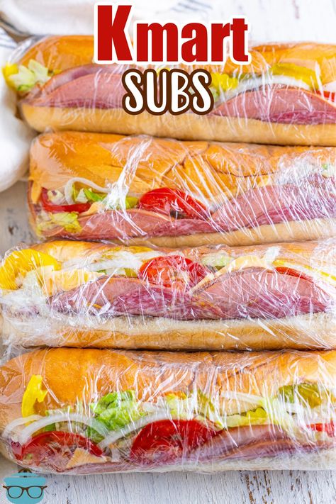 Bring a little nostalgia to lunch with these copycat Kmart Subs made with your favorite lunch meat, cheese, and toppings (all wrapped in plastic wrap, of course!) Kmart Subs, Sandwich Spread Recipes, Muffaletta Sandwich, Sandwiches Recipes, Sub Sandwich, Best Banana Pudding, Sub Sandwiches, Country Cook, The Country Cook