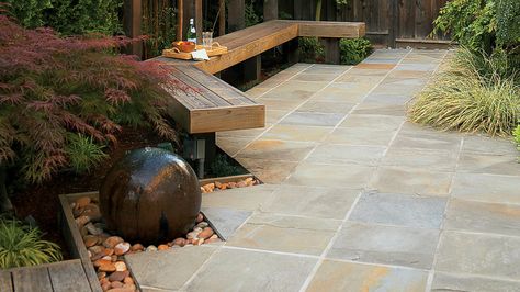 Chic cut-stone walkway | Add stylish and practical touches to your outdoor space with these great ideas for paths, patios, firepits, showers, and more Backyard Sitting Area Ideas, Japanese Seating, Backyard Sitting Area, Sitting Area Ideas, Japanese Bench, Sunset Ideas, Backyard Sitting Areas, Slate Patio, Japanese Style Garden