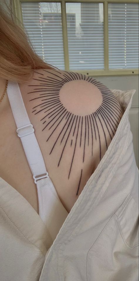 Elbow Cap Tattoo, Starburst Chest Tattoo, Sun Ray Shoulder Tattoo, Negative Space Sun Tattoo, Sun Throat Tattoo, Shoulder Circle Tattoo, Sunburst Tattoo Shoulder, Soulshine Tattoo, Circle Shoulder Tattoo