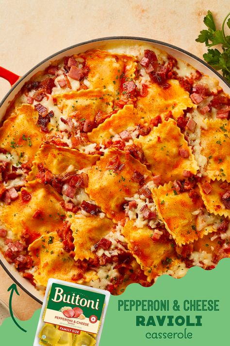 This recipe consists of Pepperoni & Cheese Ravioli, mixed with ham, bacon and cheese, for a delicious meat lovers casserole. Buitoni Recipes, Ravioli Dinner Ideas, Ravioli Pizza, Pepperoni And Cheese, Pepperoni Recipes, Easy Italian Pasta Salad, School Meal, Boston Trip, Simple Dinners