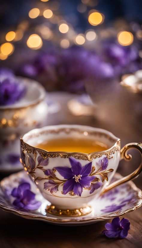 Beautiful porcelain teacup with purple flowers - AI creation Beautiful Tea Cups, Cute Tea Aesthetic, Tea Wallpaper Aesthetic, Tea Cup Photography, Teacups Aesthetic, Tea Cup Image, Purple Tea Cups, Porcelain Tea Cups, Unique Tea Cups