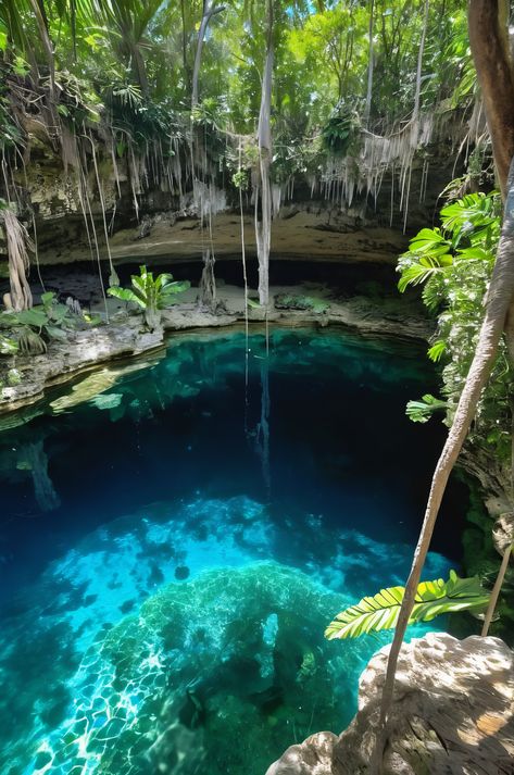 Discover the magic of a Yucatan cenote, a sacred site where crystal-clear waters meet ancient limestone. Explore the mystical connection between the Mayan people and this breathtaking natural wonder. #Cenote #Yucatan #Mexico Nature Jungle, Lush Jungle, Mayan People, Work Vision Board, Vision Bored, Bucket List Vacations, Mayan Culture, Yucatan Mexico, Jungle Adventure