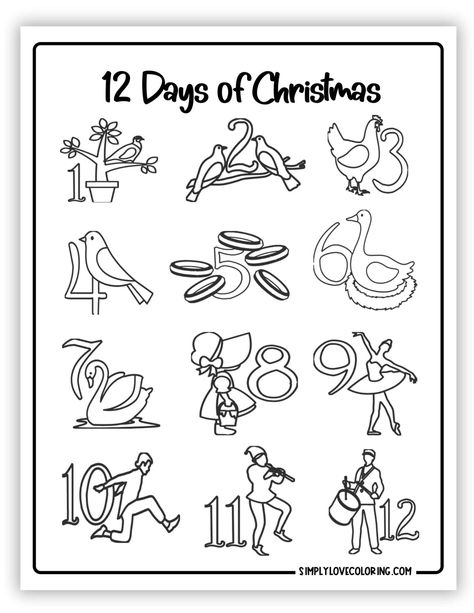 12 Days of Christmas Coloring Pages (Free PDF Printables) 12 Days Of Christmas Pictures Printable, Twelve Days Of Christmas Printables, 12 Days Of Christmas Coloring Pages, 12 Days Of Christmas Crafts For Kids, 12 Days Of Christmas Printables Free, 12 Days Of Christmas Illustration, 12 Days Of Christmas Activities, 12 Days Of Christmas Crafts, Christmas Coloring Pages Free