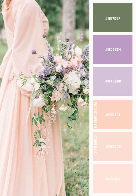 Peach Lilac Color Palettes, Lavender Peach Color Palette, Bird Colour Palette, Peach And Lavender Bedroom, Lavender Wedding Theme Color Schemes, Wedding Color Schemes Lavender, Light Peach Wedding Theme, Peach Wedding Colors Palette, Wedding Color Palette Lavender