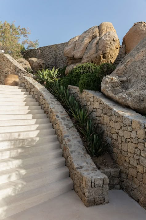 Beachfront Villa, Greek Villas, Stone Architecture, Mediterranean Garden, Stone Houses, Stone House, Landscape Walls, Backyard Landscaping Designs, Outdoor Design