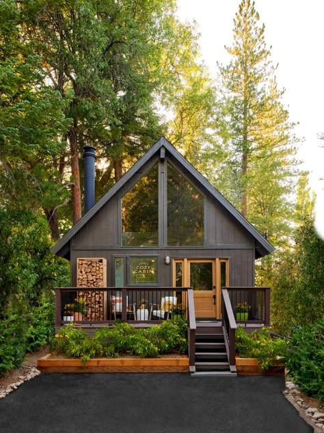 Tour HGTV Star Jasmine Roth's Rustic A-Frame Cabin | HGTV A Frame Windows Exterior, Cute Cabin Exterior, Modified A Frame Cabin, Mountain Tiny House, Black Cabin Exterior, Black A Frame Cabin, A Frame Cabin Exterior, Small House Ideas Exterior, 3 Bedroom A Frame House Plans