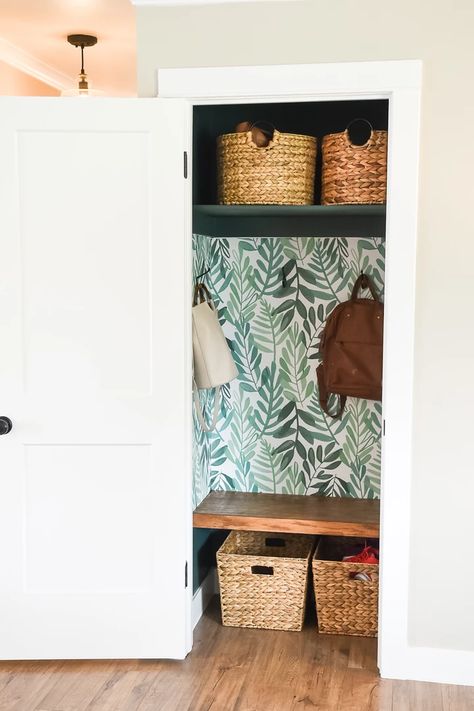 Small Mudroom Closet, Closet Turned Into Mudroom, Closet Into Mudroom, Small Coat Closet Ideas, Closet Turned Mudroom, Mini Mudroom, Coat Cupboard, Small Coat Closet, Front Hall Closet