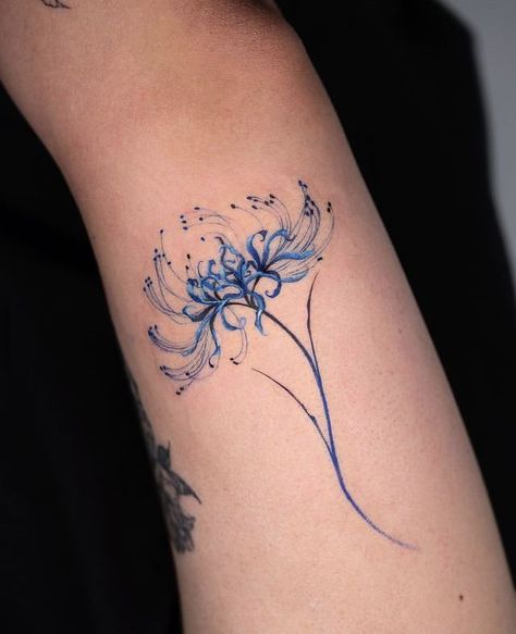 Blue Spider Lily Wallpaper Aesthetic, Blue Spider Lily Tattoo Design, Blue Spider Lily Tattoo, Red And Blue Tattoo, Cute Colorful Tattoos, Blue Flower Tattoo, Blue Spider Lily, Red Spider Lily Tattoo, Spider Lily Tattoo