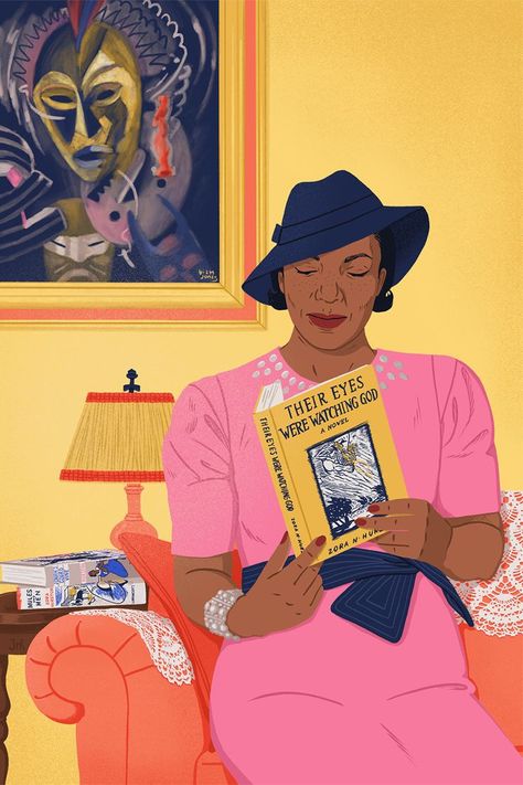 Portrait of Zora Neale Hurston in her living room, reading her book. Behind here is a painting by Lois Mailou Jones, another important Black woman of the Harlem Renaissance. Zora Neale Hurston Pictures, Black Woman Writer Aesthetic, Reading Black Woman, Black Woman Reading, Their Eyes Were Watching God, Reading Books Black Women, Black Women Reading, Their Eyes Were Watching God Book, Black Woman Reading Art