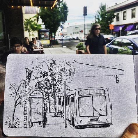 Sitting at @lifeofpiepizza  drawing the bus stop...the challenge is that I can only draw the bus when its actually there so I draw a little bit it leaves I draw other stuff then the next bus pulls up I real quick go back to drawing the bus etc etc.  @ridetrimet #pdxusk #pdxartist #urbansketchers #usk Bus Stop Drawing Sketch, Bus Station Drawing, Bus Stop Sketch, Bus Stop Drawing, Bus Sketch, Bus Drawing, Painting Composition, Perspective Sketch, Architecture Drawing Sketchbooks