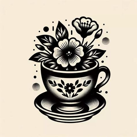 Old School Coffee Tattoo, American Traditional Coffee Tattoo, American Traditional Black Tattoo, Traditional Coffee Tattoo, Traditional Teacup Tattoo, American Traditional Sleeve Black, Espresso Tattoo, American Traditional Black And White, American Traditional Tattoos Black And White