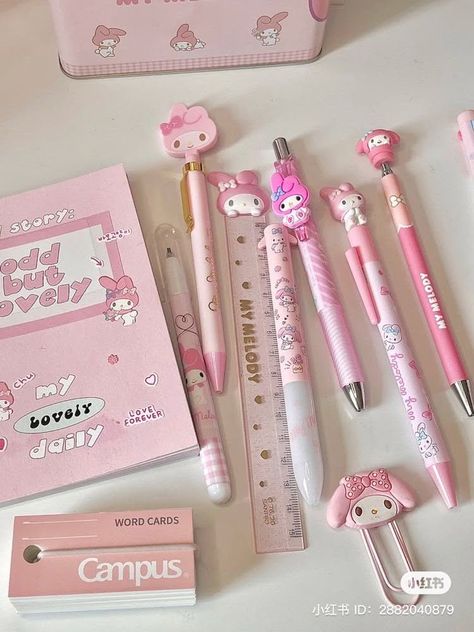 My Melody Stationery, Pink Stationary, Japanese School Supplies, Pink Study, Hello Kitty School, Pink Academia, Pretty School Supplies, Stationery Cute, Stationery Obsession