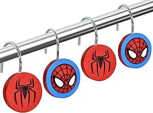 Spiderman Bathroom Ideas, Curved Curtain, Curved Curtain Rods, Spider Theme, Kids Room Curtains, Man Shower, Cute Spider, Curtain Hangers, Interesting Shapes