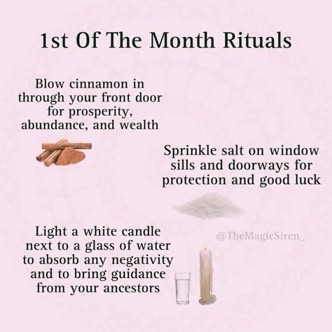 Here are 3 rituals to preform on the 1st of a new month! Check out my tiktok @themagicsiren_ for a full video on these rituals! Wicca Rituals For Beginners, January 1st Ritual, New Month Cleanse, New Month Spell, Beginning Of The Month Witch Rituals, First Of The Month Spells, Last Day Of The Month Ritual, Witchy Things To Do On The First Of The Month, 1st Day Of The Month Ritual