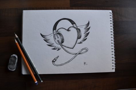 music  drawing | Music Gives Me Wings - for Music-Lovers - Pencil-Drawing Headphones Drawing, Tattoo Painting, Architecture Sketches, Crayon Drawings, Music Drawings, Pastel Sec, Drawing Faces, Heart With Wings, Realism Tattoo