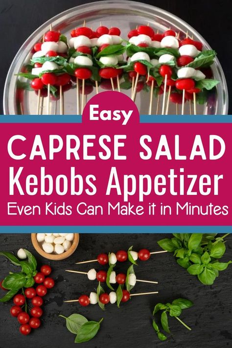 These Caprese Salad Kabobs make a great appetizer idea! A super easy recipe made with only fresh ingredients. Get your children involved in the process too for a fun way to teach your kids to eat healthy! Ladybug Caprese Appetizer, Mozzarella Caprese Skewers, Salad Kabobs, Caprese Zoodle Salad, Mozarella Tomato Caprese Skewers, Caprice Salad Tomato Mozzarella Caprese Skewers, Kabob Recipes, Super Easy Recipes, Great Appetizers