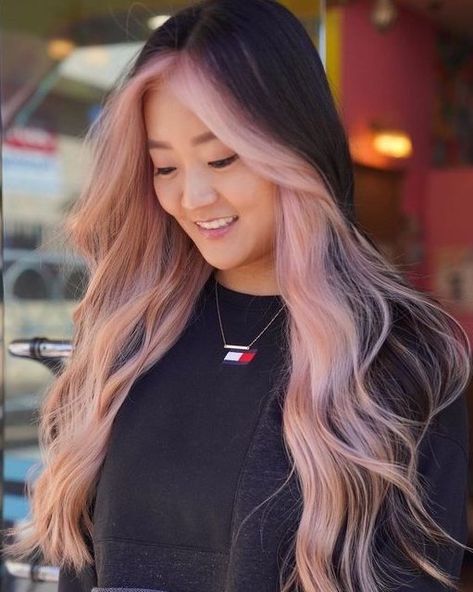 Hair Color Two Front Pieces, Summer Money Piece Hair, Underdye Hair With Money Piece, Black Hair With Rose Gold Money Piece, Pink And Blue Money Piece, Money Piece Pink Hair, Peach And Black Hair, Light Brown Hair With Pink Money Piece, Blonde With Colored Money Piece