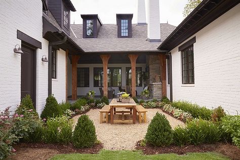 Brown Exterior Trim Paint Color Benjamin Moore CSP-30 Espresso Bean Benjamin Moore Espresso Bean Benjamin Moore Espresso Bean U Shaped Houses, Mind Movie, Cottage Outdoor, French Country Bedrooms, Tudor Style Homes, Porch Furniture, Farmhouse Porch, House With Porch, Country Bedroom