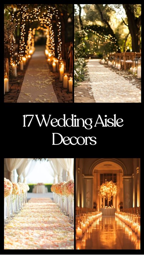 Four beautifully decorated wedding aisles, each adorned with candles, lights, and flower petals. Church Ceremony Decor, Beautiful Wedding Aisle, Ceremony Decorations Church, Wedding Aisle Decor, Aisle Decorations, Beautiful Decorations, Wedding Aisle Decorations, Church Ceremony, Boho Theme