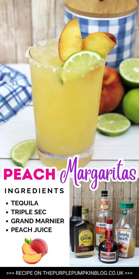 Peach Margarita Recipe On The Rocks, Peach Juice Cocktail, Patron Margarita Recipe, Peach Margarita Recipe, Tequila Cocktails Easy, Margarita Ville, Peach Margarita Recipes, Peach Margaritas, Pitcher Margarita Recipe