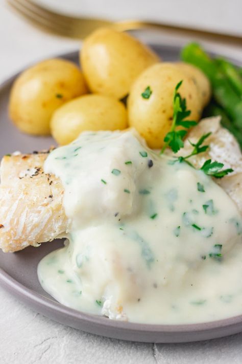 Easy Homemade Parsley Sauce - The Dinner Bite Saucy Fish Recipes, Parsley Sauce For Ham, White Sauce Recipe For Chicken, Fish Sauce Recipe Homemade, Creamy Parsley Sauce, Fish Recipes Cream Sauce, Creamy Fish Sauce, Irish Parsley Sauce Recipe, Parsley Sauce Recipe