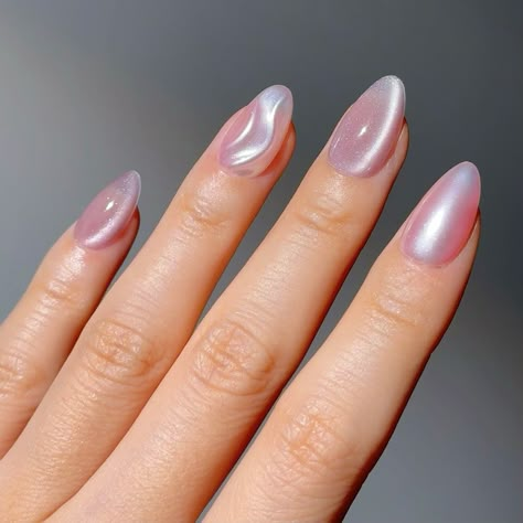 💗🫧🍇🎆- Short almond press-on nail set showcase a luminous finish with gentle wave patterns, offering a serene and ethereal look that captures the soft glow of moonlight, perfect for any occasion. Exclusive on nomoodnails.com #nomoodnails #cateyenails #pressonnails #pressons #fyp #foryou#3dnails#softnails#pinknails#luxurypressonnails Moonlight Nails, Pearlescent Nails, Moonstone Nails, Ethereal Nails, Opal Nails, Short Almond, Soft Nails, Cat Eye Nails, Fire Nails