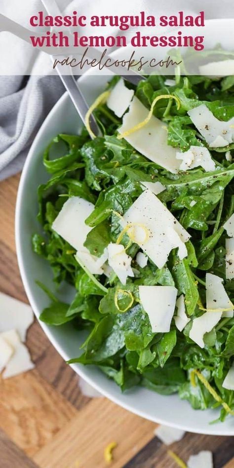 Arugula's peppery bite is enhanced by a simple lemon vinaigrette and mellowed with aged Parmesan cheese in this classic Italian arugula salad recipe. Best Arugula Salad, Rachel Cooks With Love, Arugula Salad Recipes, Marinated Lamb, Sliced Pears, Baked Veggies, Green Eating, Simple Green Salad, Croutons Homemade