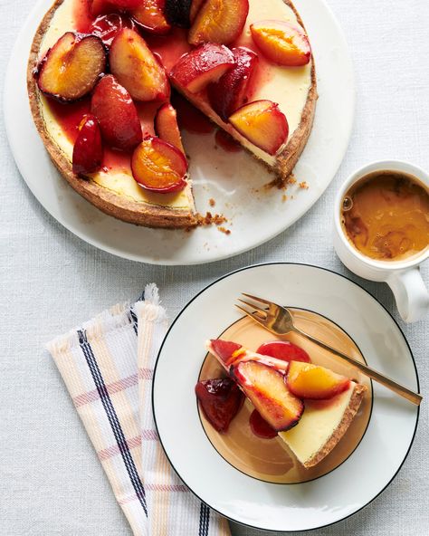 Plum Cheesecake, Plum Compote, Crepe Suzette, Vegetarian Bake, Cheese Maker, Fresh Lemon Juice, Cheesecake Recipes, Vanilla Bean, Serving Platters