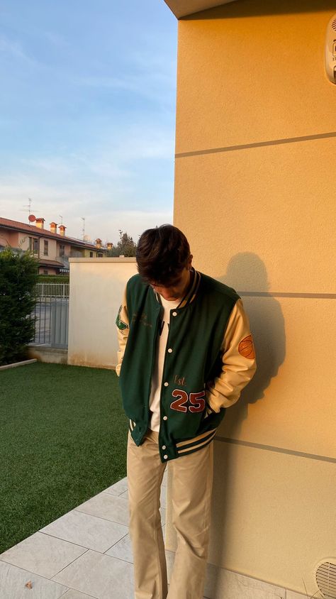 Letter Jacket Outfit Men, Varsity Jacket Outfit Aesthetic Men, Brown Varsity Jacket Outfit Men, Men’s Varsity Jacket Outfit, Green Varsity Jacket Outfit Men, Letter Man Jacket Outfits, Green Varsity Jacket Outfit, Jersey Jacket Outfit, Varsity Jacket Outfit Mens