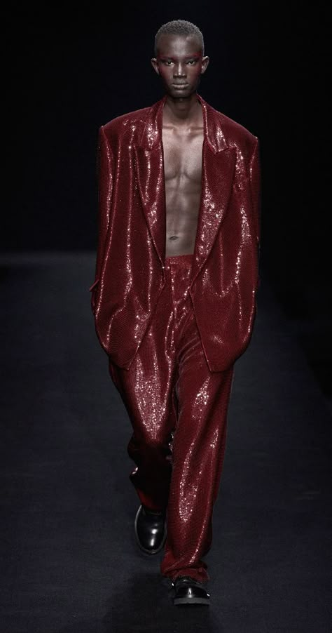 Burlesque Men, Rockstar Lestat, Silk Menswear, Couture Menswear, Glitter Suit, Men In Red, Winter Menswear, Burlesque Fashion, Sequin Suit