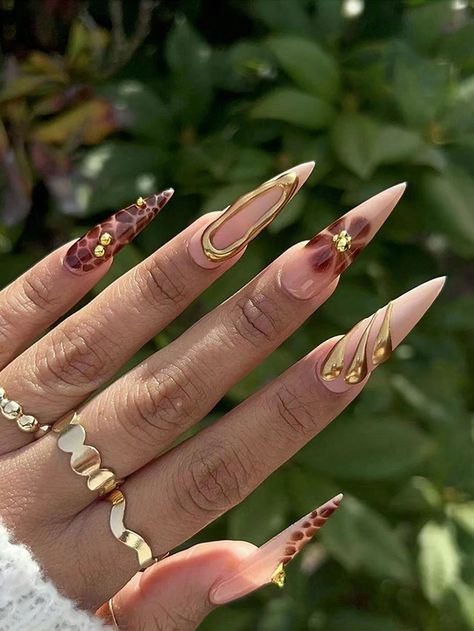 Multicolor  Collar    Handmade Nails Embellished   Nail,Hand & Foot Care Brown N Gold Nails, 2024 Stiletto Nails, Brown Freestyle Nails, Bali Inspired Nails, Stiletto Brown Nails, Pretty Stiletto Nails, Crazy Nail Ideas, Nail Inspo Stiletto, Stiletto Nails Summer