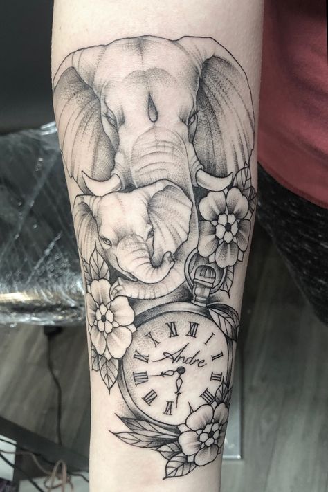 Done at New Addiction Tattoo | Mar 4th 2019 | 894118 Tato Jam, Mutterschaft Tattoos, Baby Elephant Tattoo, Elephant Tattoo Meaning, Baby Tattoo Designs, Elephant Tattoo Design, Mom Tattoo Designs, Mommy Tattoos, Tattoos For Women Half Sleeve