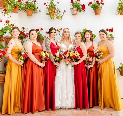 Yellow and Red Wedding Color Palettes 2024, Mismatched Yellow and Red Bridesmaid Dresses, Yellow and Red Wedding Bouquets Red Pink Yellow Wedding, Red And Yellow Wedding Theme, Red Yellow Wedding, Bridesmaid Dresses Yellow, Pink Yellow Weddings, Yellow Wedding Bouquet, Yellow Wedding Theme, Wedding Color Palettes, Wedding Colors Red