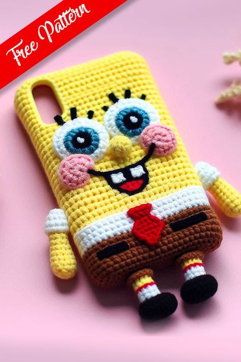 SpongeBob Crochet Phone Case Crochet Phone Cover Pattern Free, Crochet Phone Accessories, Crochet Phone Pouch Free Pattern, Crochet Phone Case Pattern Free, Spongebob Diy, Spongebob Crochet, Crochet People, Diy Dog Shampoo, Crochet Phone Case