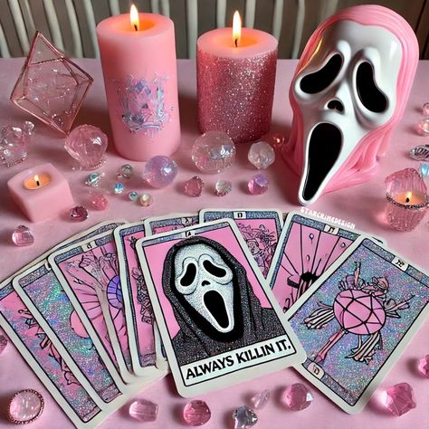 Pink Demon Aesthetic, Tarot Cards Wallpaper, Tarot Deck Aesthetic, Halloween Tarot Cards, Bubblegum Witch, Tarot Cards Aesthetic, Disco Halloween, Halloween Tarot, Pink Witch